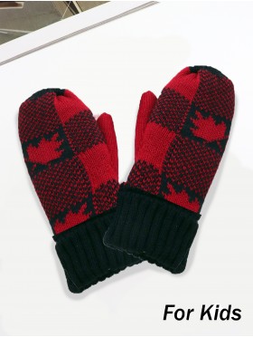 Kids Buffalo Plaid & Maple Leaf Knitted Camp Mittens